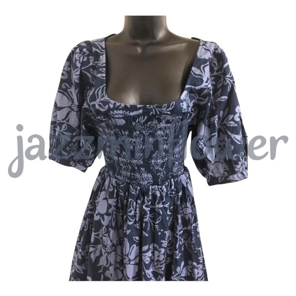 Free people dark navy blue dear delilah puff sleeve smocked babydoll mini dress - Picture 11 of 16